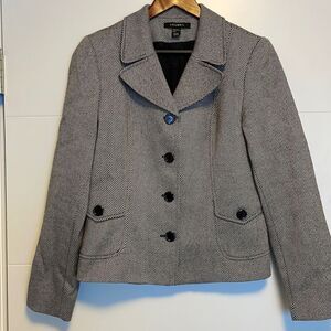 Louben Black and White Striped Size 6 100% Wool Button Up Blazer